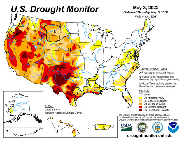 Intensity map of droughts in U.S. Dated May 3, 2022